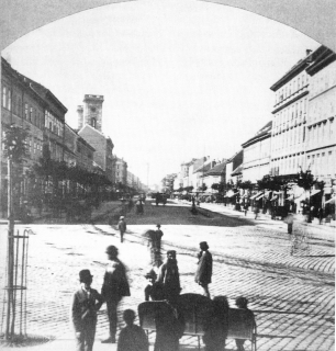 A V�ci k�r�t a De�k t�r fel�l. Balra a Hild-f�le bazilika kupol�ja l�tszik, 1870-es �vek, Budapesti T�rt�neti M�zeum Kiscelli M�zeuma