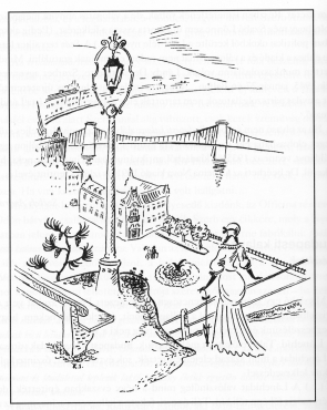 Illusztr�ci� Szerb Antal: Budapesti kalauz Marslak�k sz�m�ra c�m� k�nyv�nek els� kiad�s�b�l, 1935, Kolozsv�ry S�ndor rajza