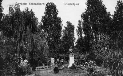 Erzs�bet kir�lyn� szobra a szabadkai Erzs�bet-parkban, Str�bl Alajos alkot�sa, 1910-es �vek, k�peslap, Orsz�gos Sz�ch�nyi K�nyvt�r Apr�nyomtatv�nyt�r