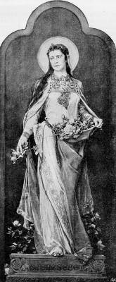 �rp�dh�zi Szent Erzs�bet �br�zol�sa a Budav�ri Kir�lyi Palota Szent Istv�n term�ben Erzs�bet kir�lyn� arcvon�saival. Roskovics Ign�c festm�nye. Vas�rnapi �js�g, 1900. �prilis 22.