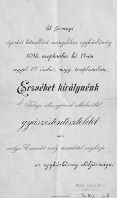 Megh�v� a pozsonyi evang�likus hitk�zs�g gy�szistentisztelet�re, 1898, Orsz�gos Sz�ch�nyi K�nyvt�r Apr�nyomtatv�nyt�r