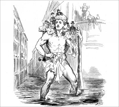 Klics K�roly karikat�r�ja a hatalmas Nagy Krist�f-szoborr�l �s a pesti s�rr�l. Borsszem Jank�, 1869. „Mindig is azt mondtuk, hogy akkor lesznek tiszt�k a f�v�rosi utcz�k, majd ha fagy! S csakugyan, most hogy megfagyott - nincsen s�r”