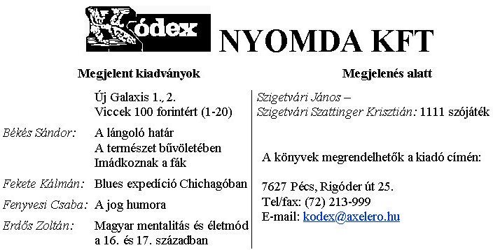 Szponzorok oldala (K�DEX Nyomda Kft.) -- �J GALAXIS 3. sz�m