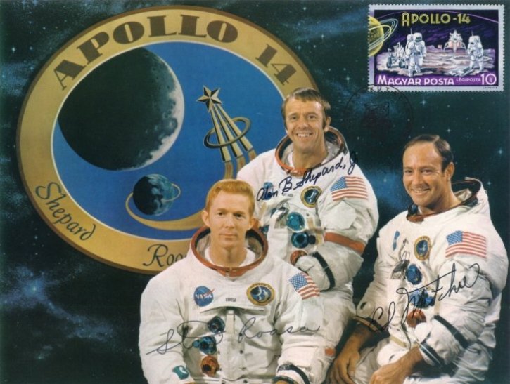 S. A. Roosa, A. B. Shepard parancsnok �s E. D. Mitchell 1971. janu�r 31-�n indult az Apollo-14 fed�lzet�n 9 nap 2 perces �rrep�l�sre. Ez volt a 3. sikeres holdexped�ci�. Shepard �s Mitchell a Fra Mauro t�rs�gben 33 �r�t t�lt�tt a Hold felsz�n�n. - Ih�rosi S�ndor mag�ngy�jtem�ny�b�l