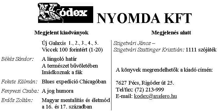 Szponzorok oldala (K�DEX Nyomda Kft.) -- �J GALAXIS 5. sz�m