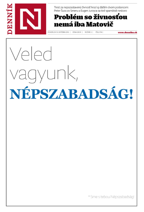 A szlovák Denník N című napilap hétfői címlapja...