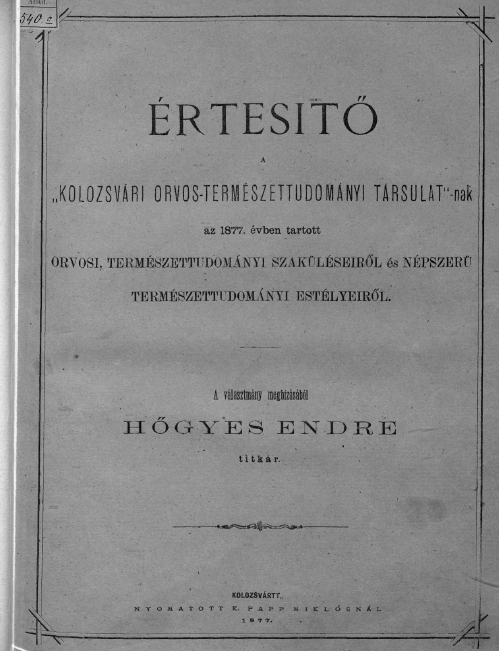 �rtesit� a Kolozsv�ri Orvos-Term�szettudom�nyi T�rsulat orvosi szak�l�s�r�l 2008.10.22.